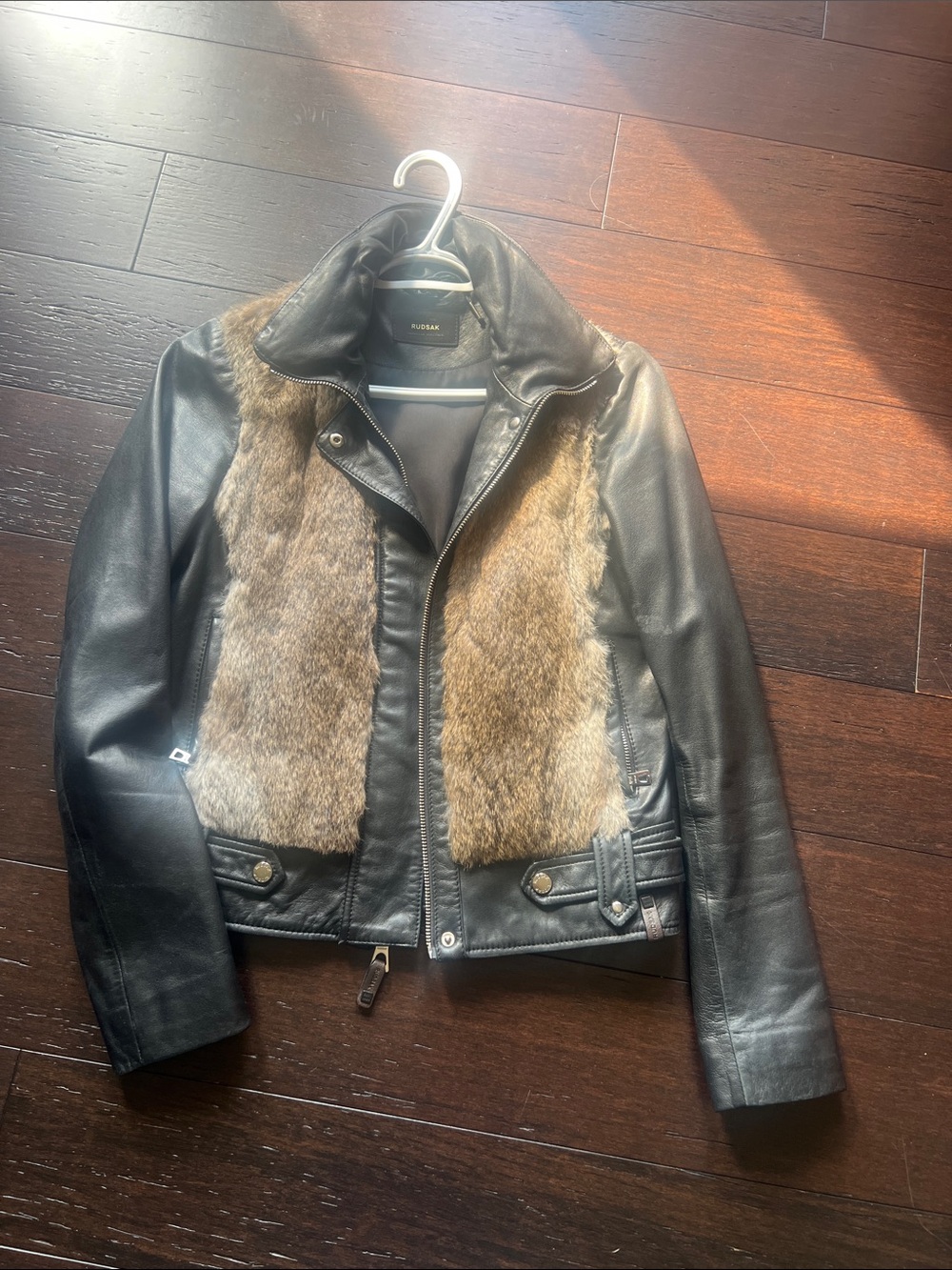 RUDSAK Black Leather Jacket with Brown Fur Panels